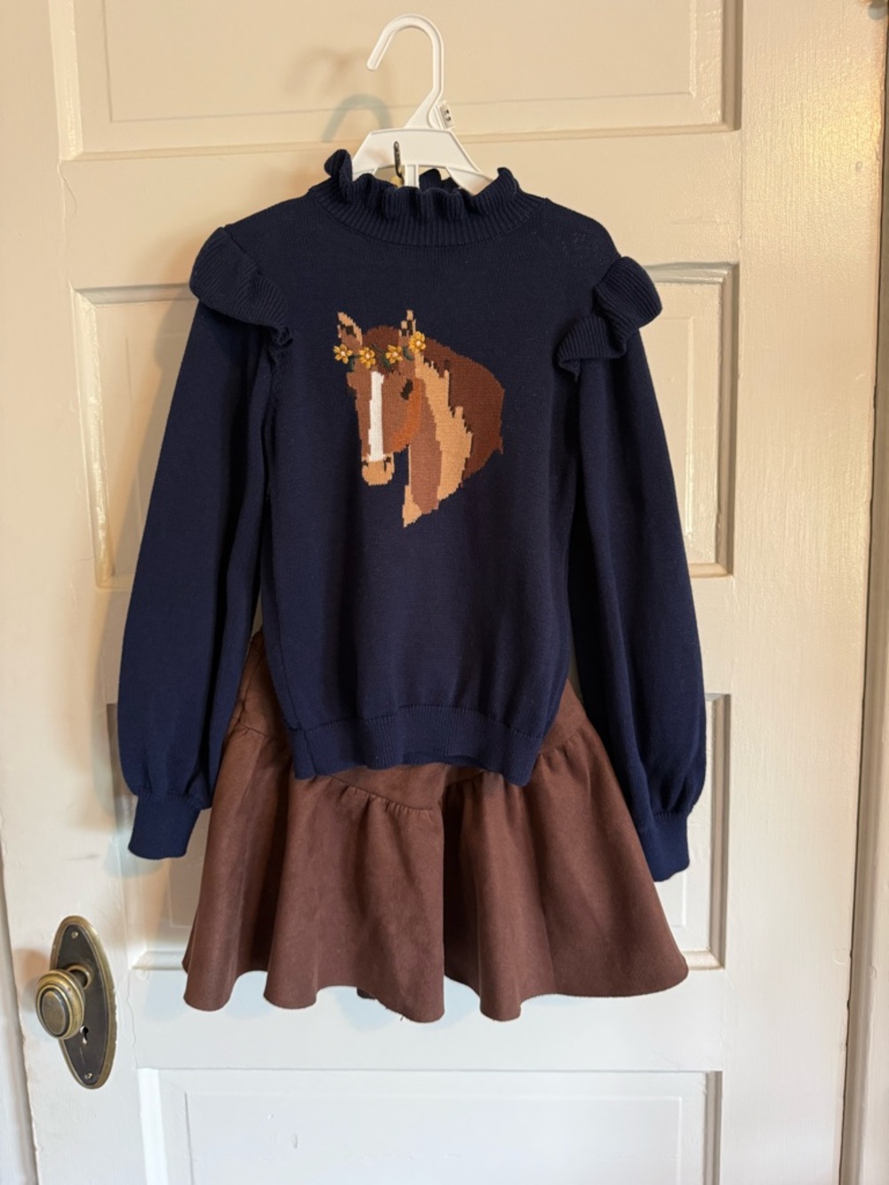 Janie and Jack 2 Piece Set- Horse Ruffle Shoulder Sweater With Matching Skirt